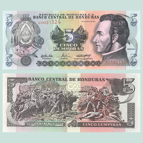 Honduras - Billete 5 Lempiras 2004, Notafilis - Billetes y Honduras - Billete 5 Lempiras 2004, Notafilis - Billetes y